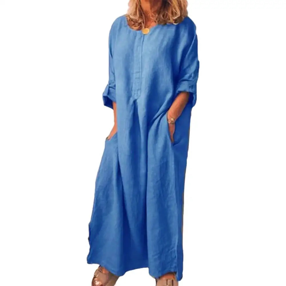 Women's Solid Color Over size Maxi Cotton Long Shirt Kaftan Dress Long