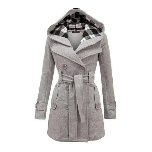 Fashionable Women's Woolen Warm Fleece Double Breast Jacket With Belts