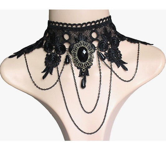 Black Lace Gothic Vintage Sexy Fashion Velvet Chain Necklace Earrings Hand Lace