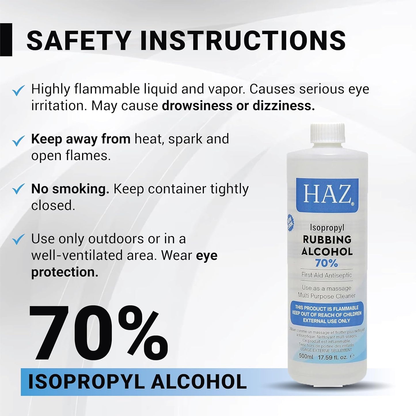 Haz Isopropyl Rubbing Alcohol 70% First Aid Antiseptic & Disinfectant for Multi-Purpose Use 500ml / 16.91 oz