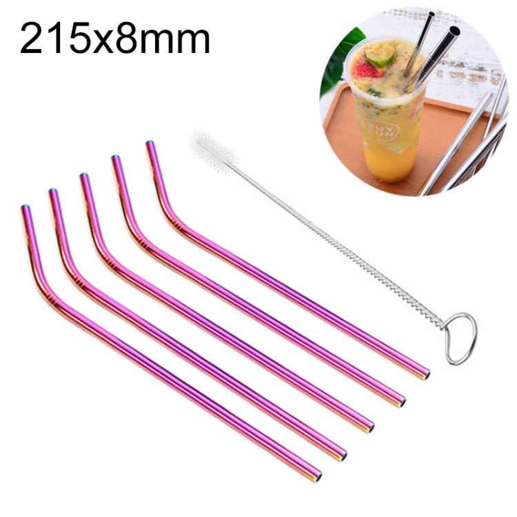 5pcs Reusable Stainless Steel Bent Drinking Straw + Cleaner Brush Set Kit, 215*8mm, 215*8mm (Bent)
