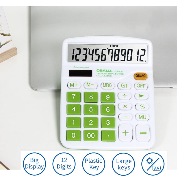 12 Digits Colorful Desktop Calculator Solar Energy Dual Power Calculator(Green)