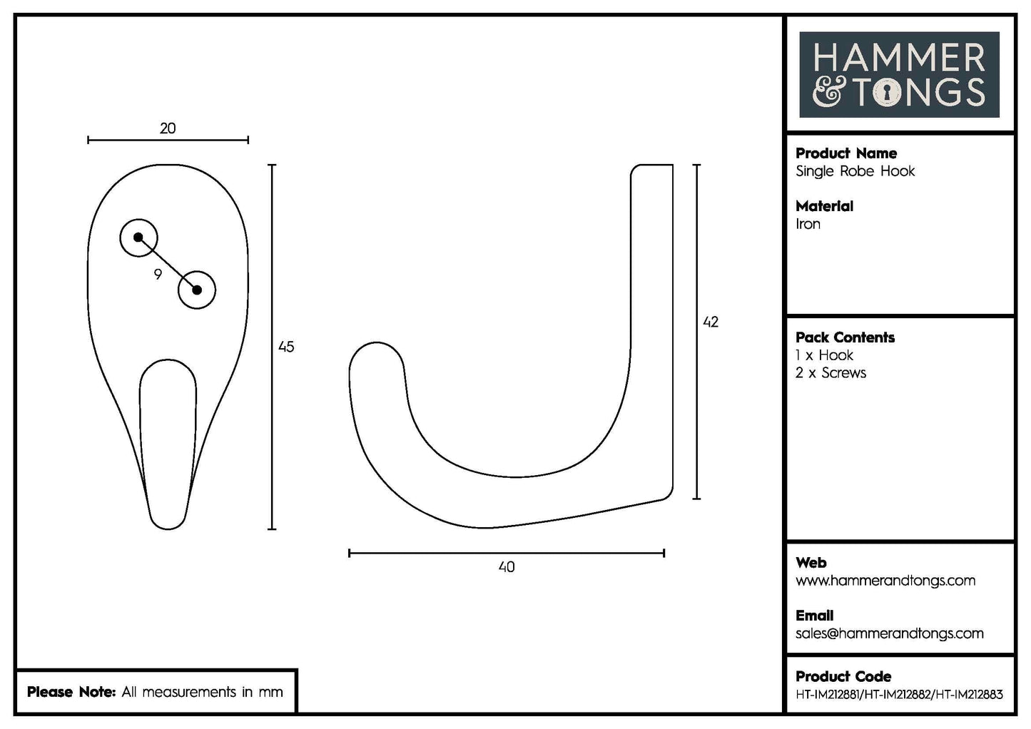 20mm x 45mm Black Single Robe Hook
