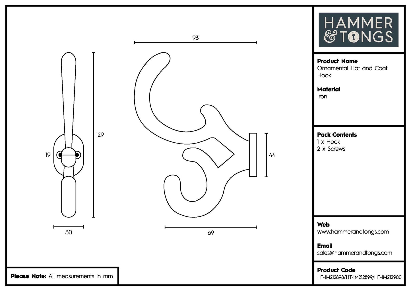 30mm x 130mm Raw Ornamental Hat & Coat Hook