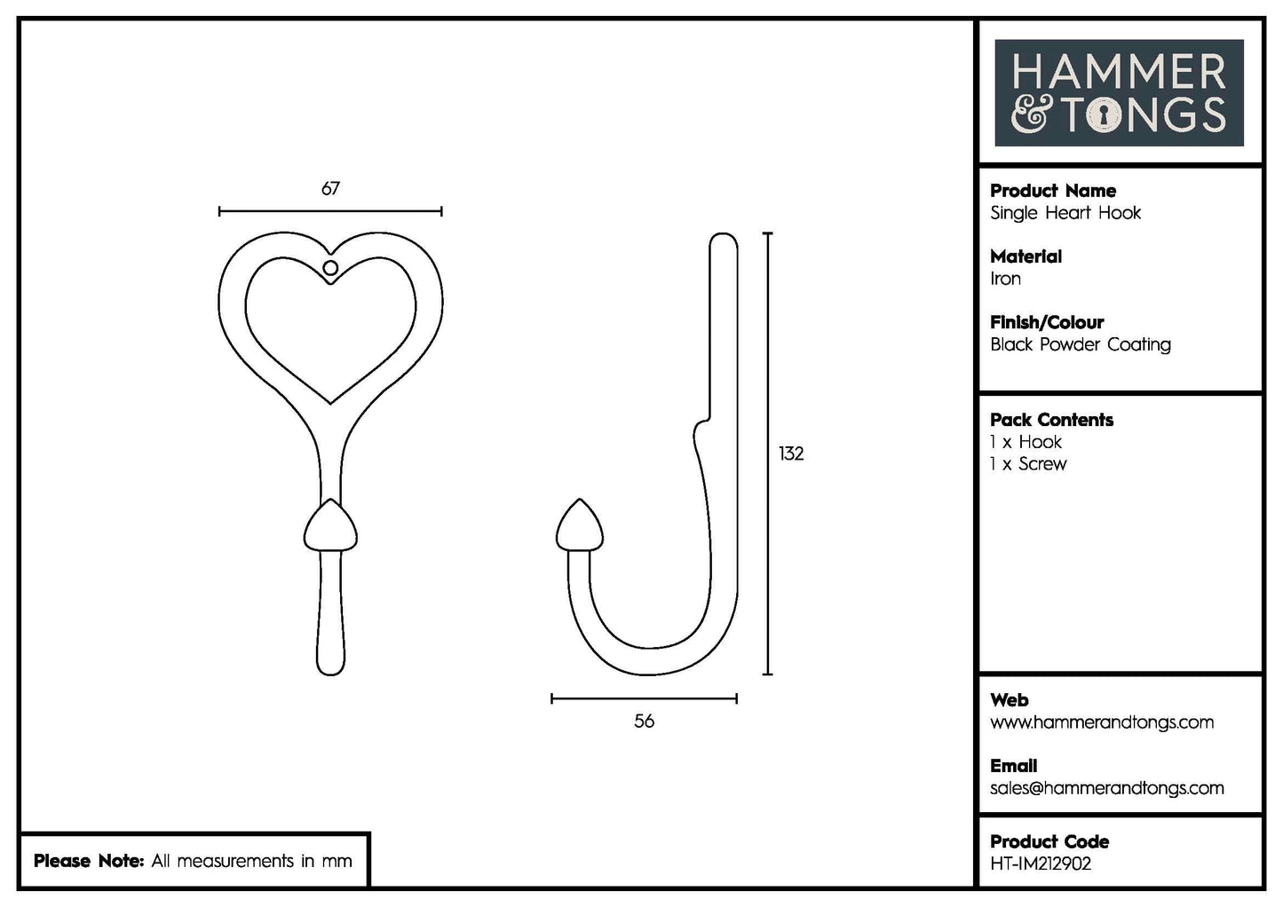 65mm x 130mm Black Single Heart Hook