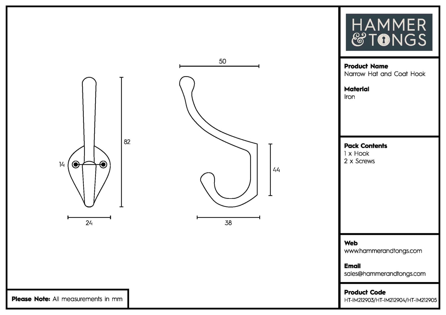 25mm x 80mm Raw Narrow Hat & Coat Hook