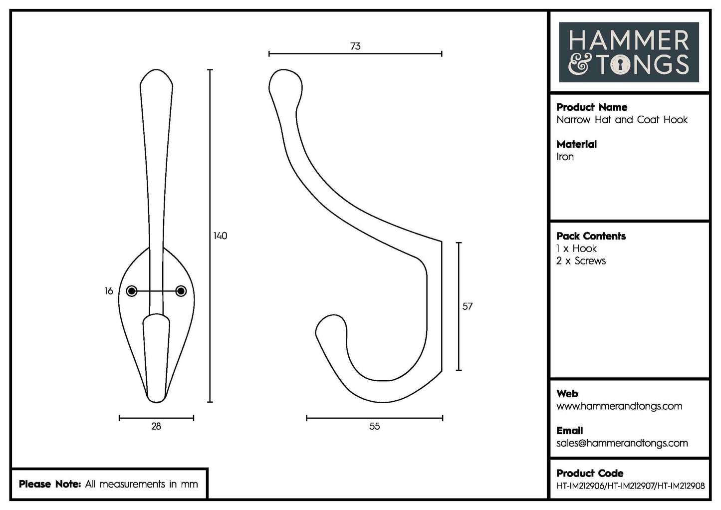 30mm x 140mm Brass Narrow Hat & Coat Hook