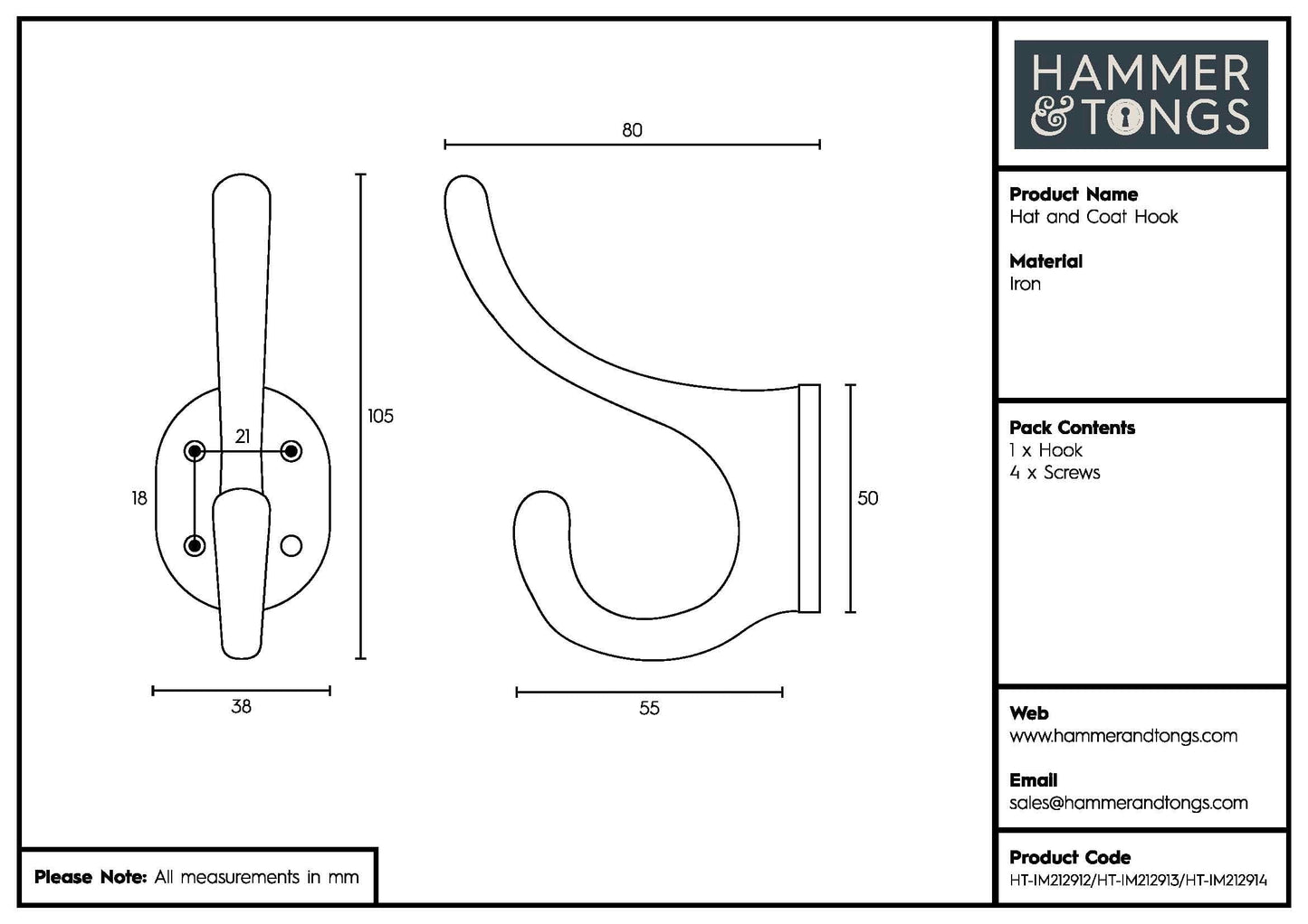 40mm x 105mm Black Hat & Coat Hook