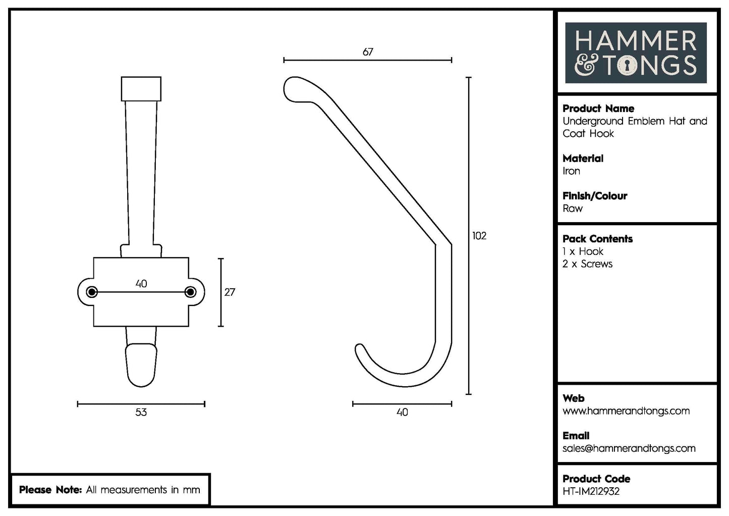 55mm x 100mm Grey London Underground Hat & Coat Hook
