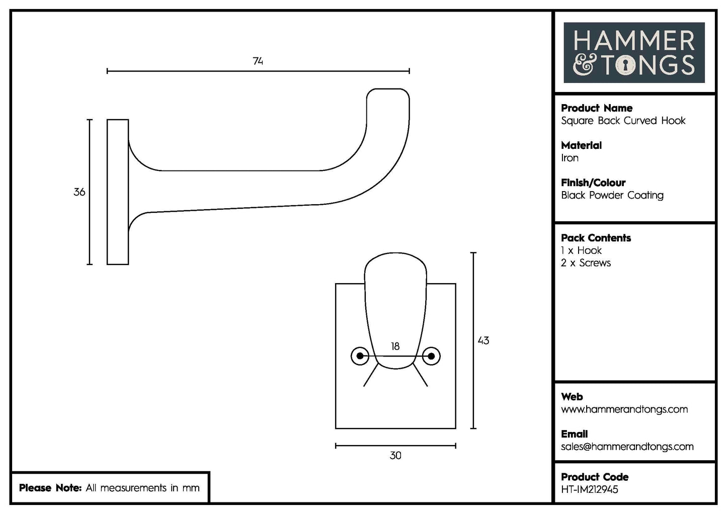 30mm x 45mm Black Square Back Curved Hook