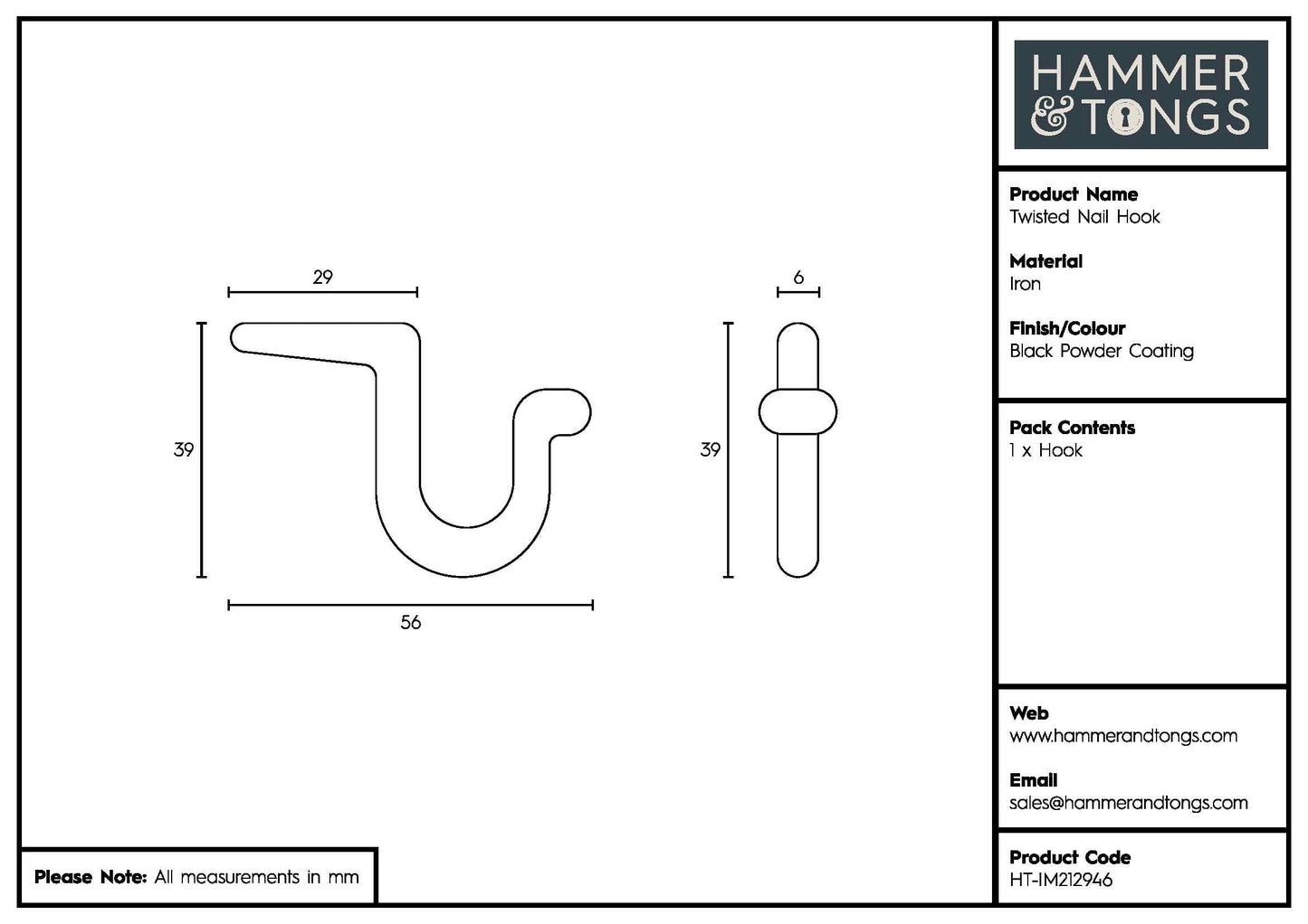 5mm x 40mm Black Twisted Nail Hook