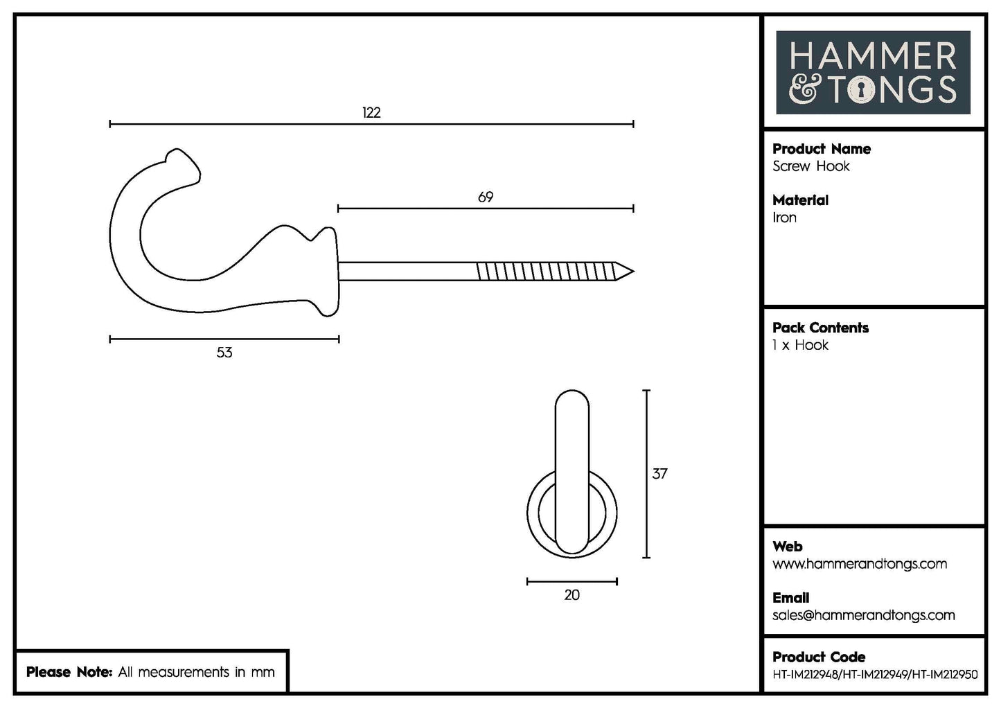 20mm x 35mm Black Screw Hook