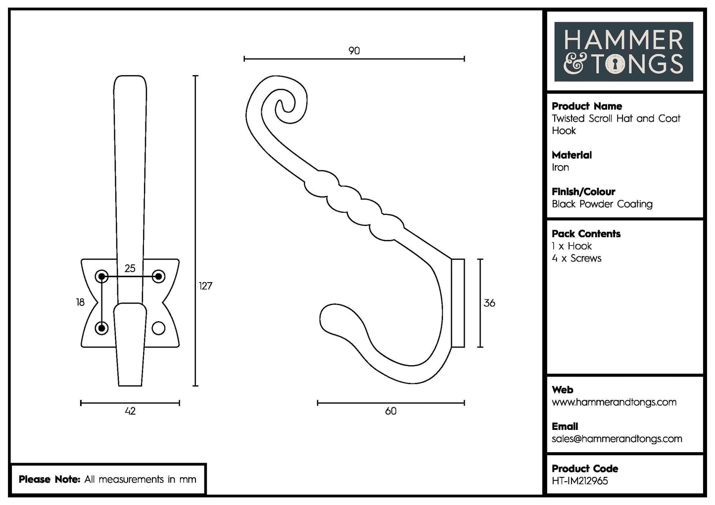 40mm x 125mm Black Twisted Scroll Hat & Coat Hook