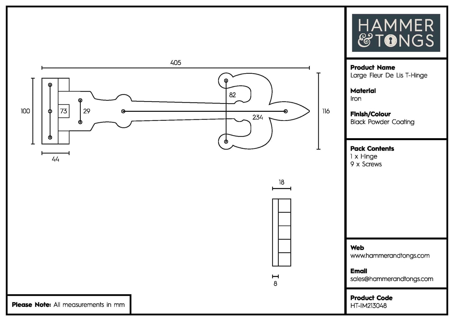 405mm Black Fleur De Lis T-Hinge