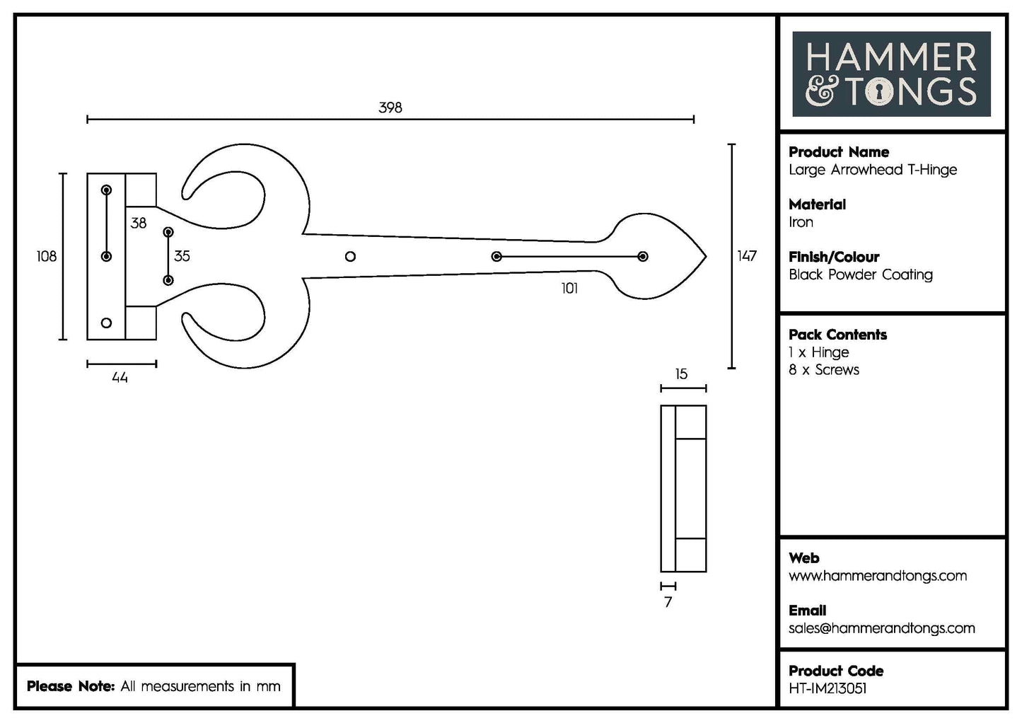 400mm Black Arrowhead T-Hinge