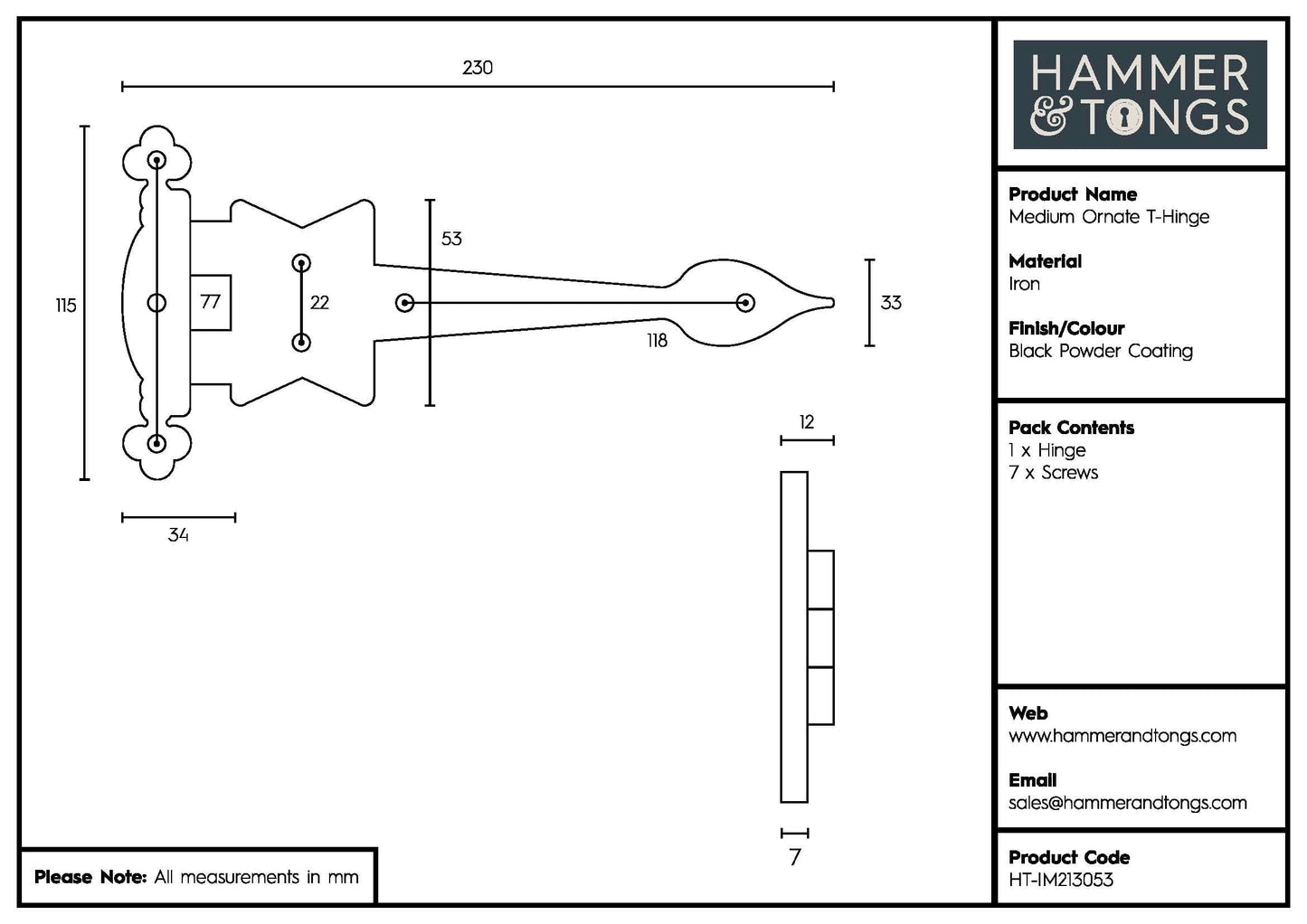 230mm Black Ornate T-Hinge