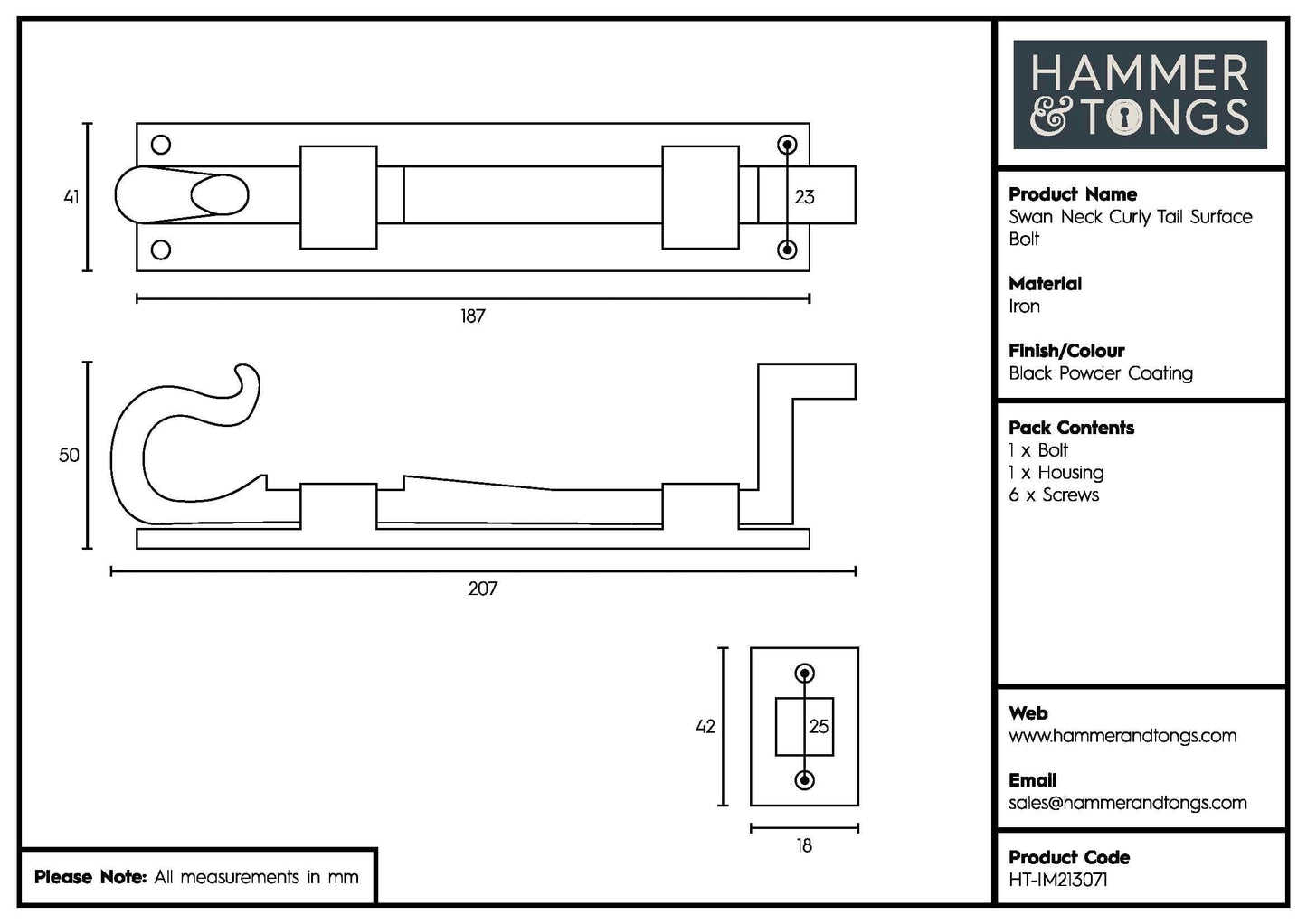 185mm Black Cranked Shepherd's Crook Bolt
