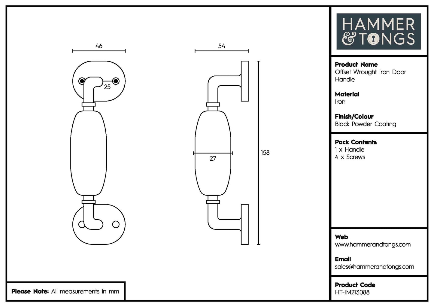 160mm Black Offset Wrought Iron Door Handle