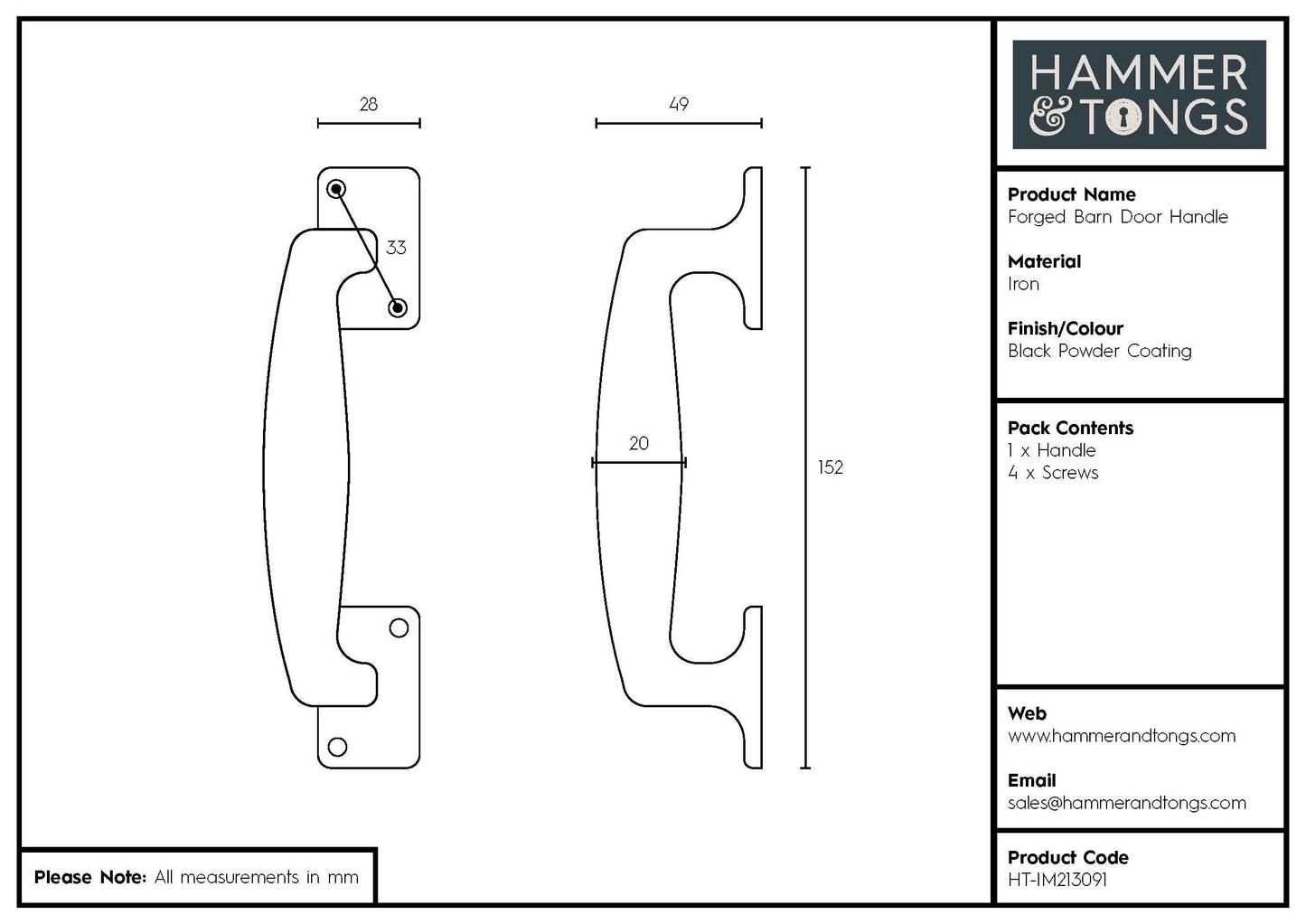 150mm Black Forged Barn Door Handle