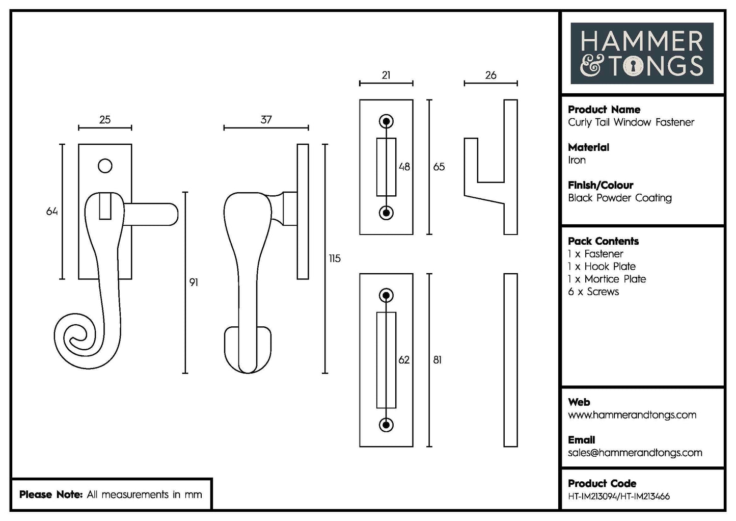 46mm x 108mm Black Curly Tail Right Handed Window Fastener