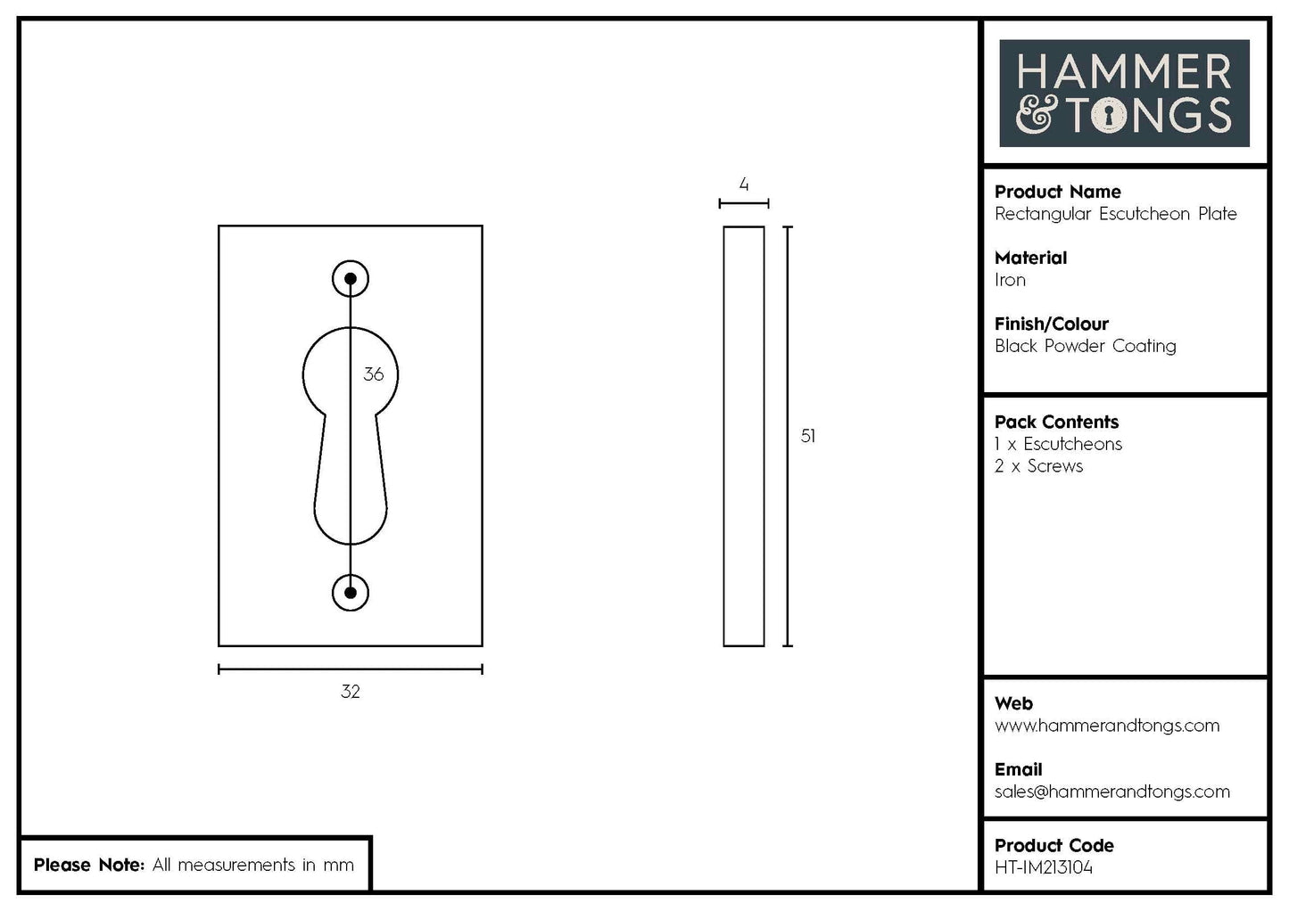30mm x 50mm Black Rectangular Escutcheon Plate