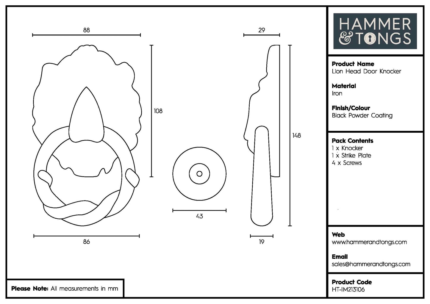 150mm Black Lion Head Door Knocker
