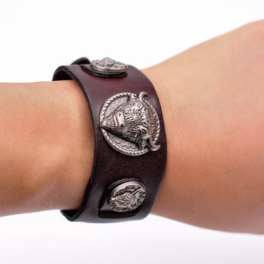 Bull Punk Style Genuine Leather Wrap For Men Wrist Friendship Big Wide Leather Bracelet