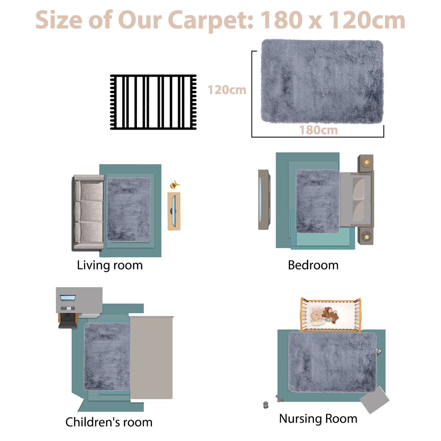120 cm x 180 cm Modern Soft Shag Rug with Non-slip Grip Dots-Dark Grey