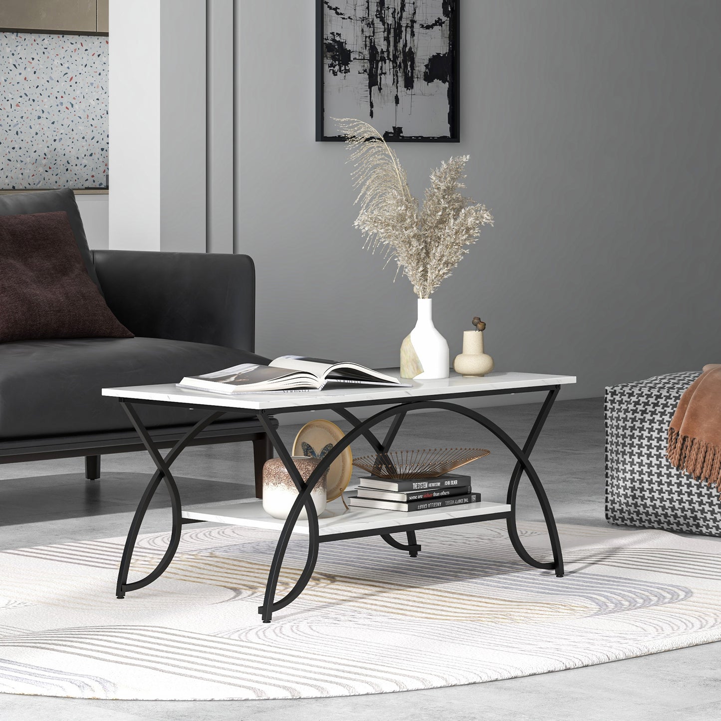 2-Tier Faux Marble Coffee Table with Golden Metal Frame-White