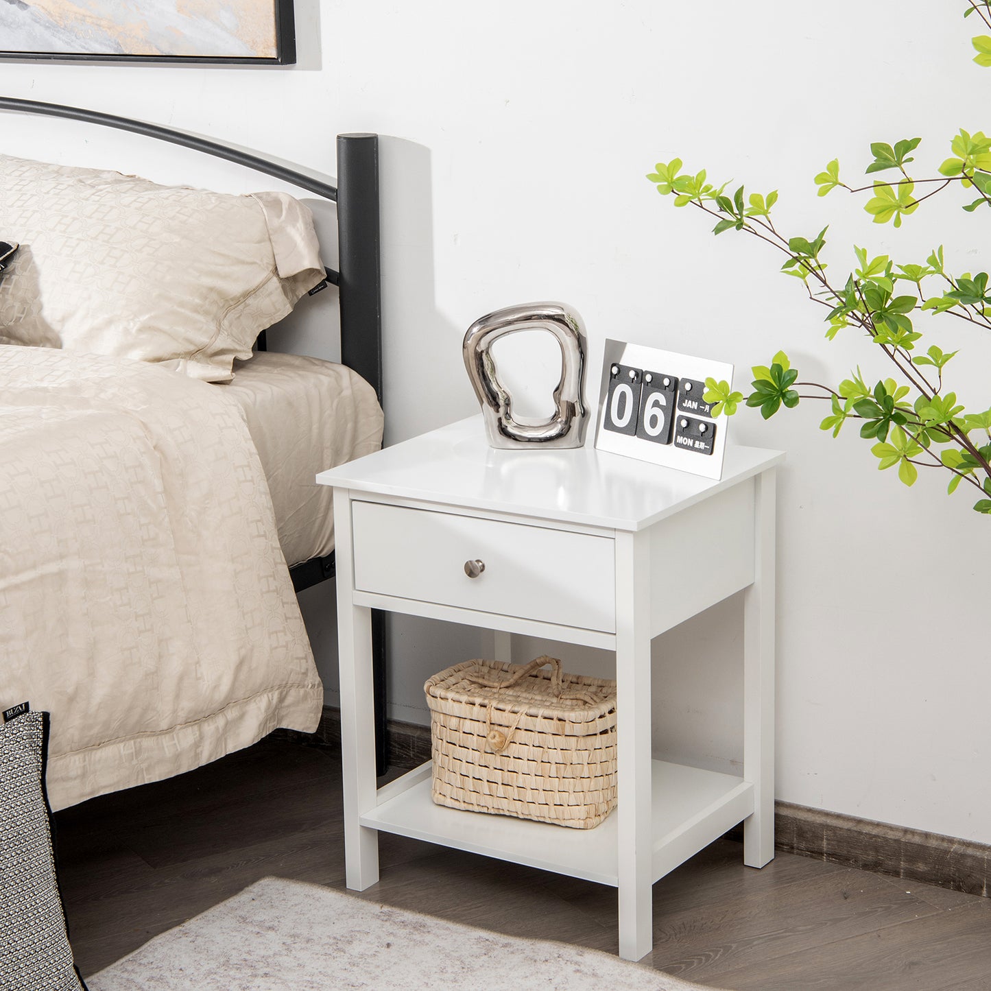 2 Pieces Wooden Nightstand with Drawer and Storage Shelf-Black