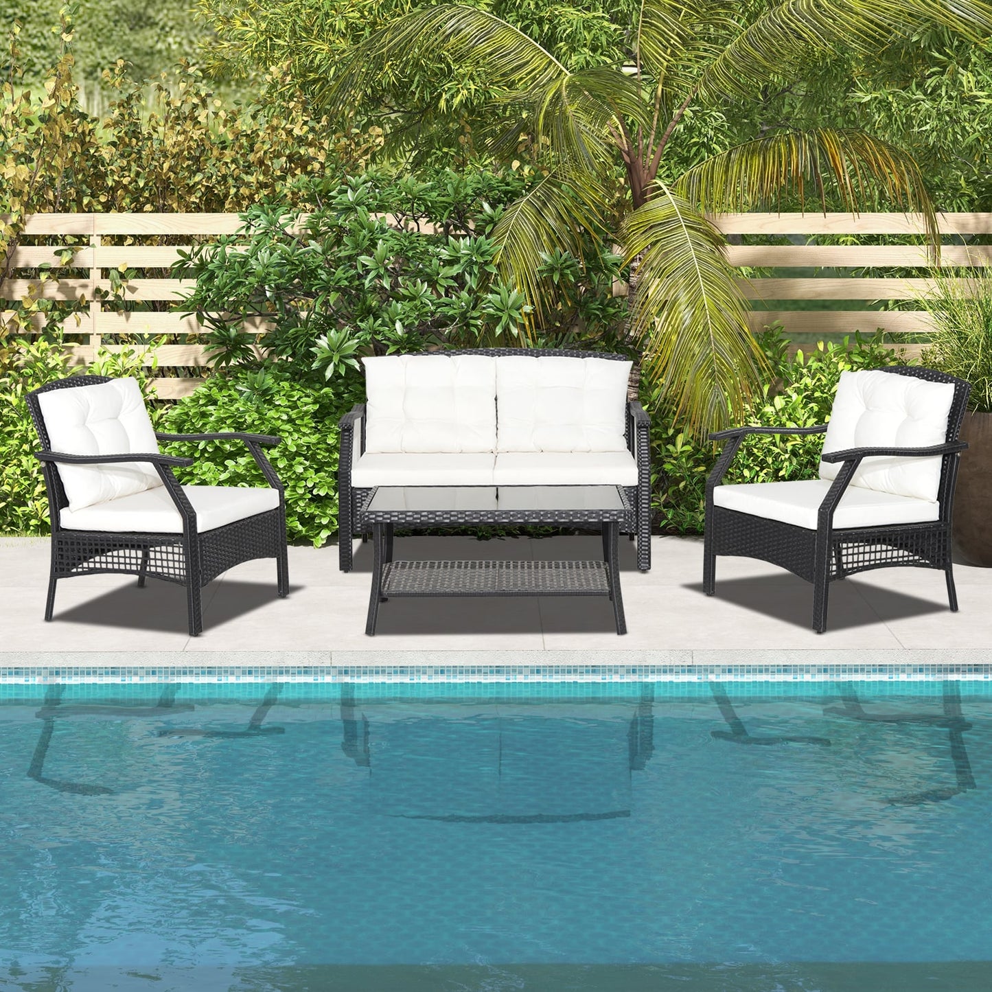 4 Pieces Patio Rattan Conversation Set with Coffee Table and Cushions