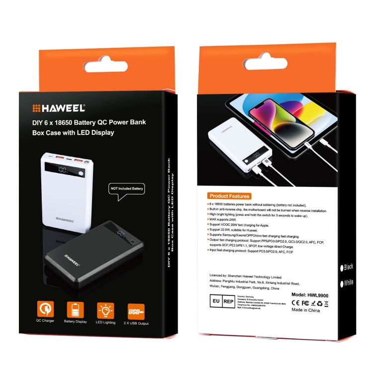 HAWEEL DIY 6 x 18650 Battery 24W Fast Charge Power Bank Box Case with Display, Not Include Battery (Black)