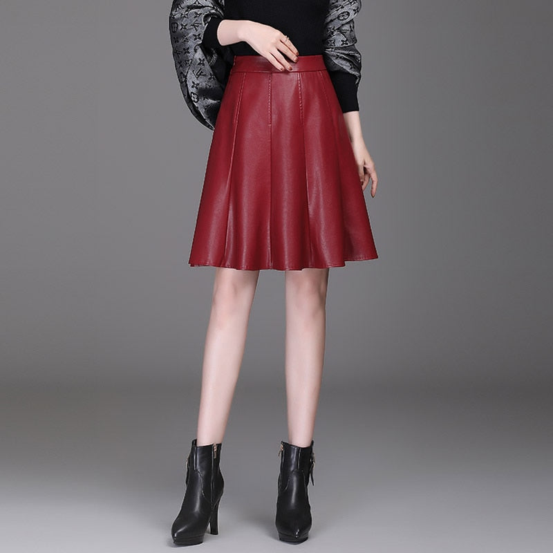 A-line Women Pu Leather Short Skirt High Waist All-Match Skirt Elegant