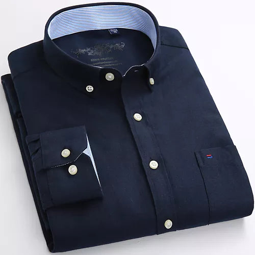Men's Fashion Long Sleeve Solid Oxford Shirt Single Patch Pocket Standard-fit Button-down Collar Shirts
