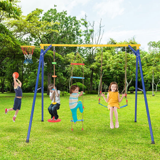 4-in-1 Heavy Duty Swing Set with 1 Basketball Hoop and 1 Adjustable Belt Swing-Blue & Yellow