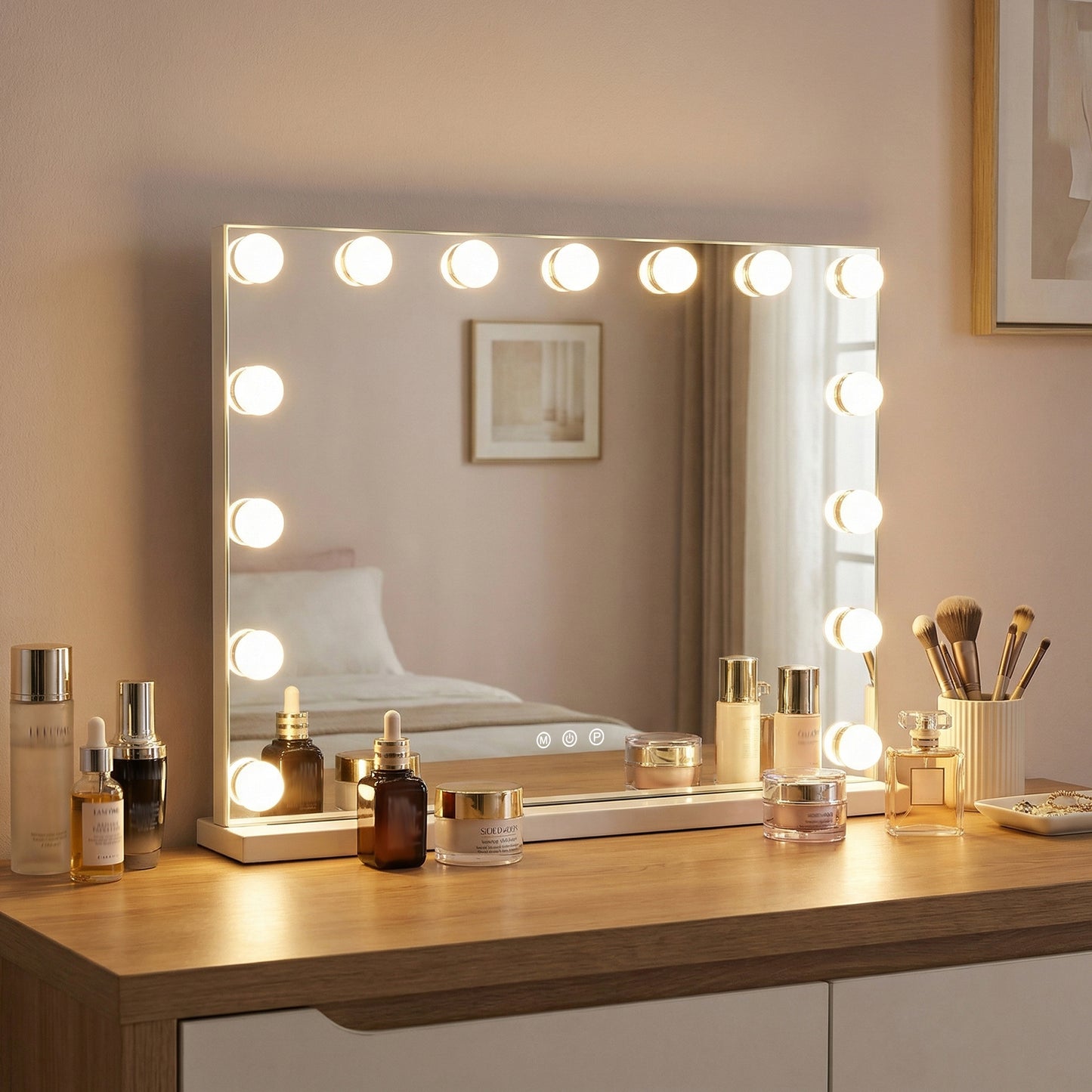 Hollywood Vanity Mirror with 3 Light Colors and Adjustable Brightness-White-L