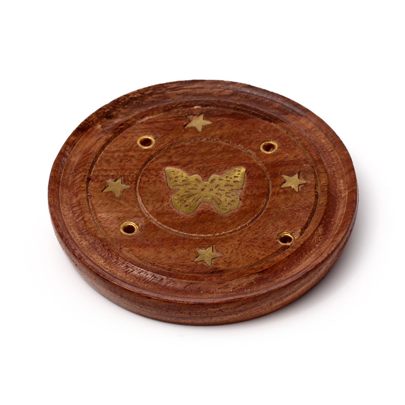 Sheesham Wood Round Ashcatcher Incence Burner with Butterfly Inlay