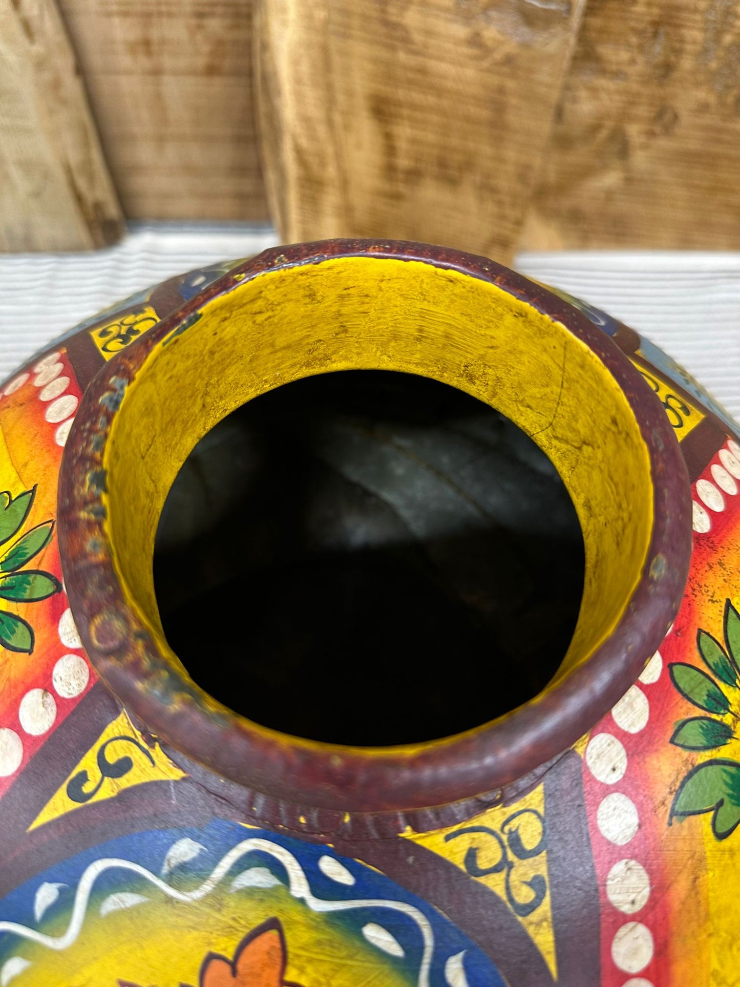 Vintage Painted Indian Water Pot Vase / Riveted Hand Beaten Metal Plant Pot B