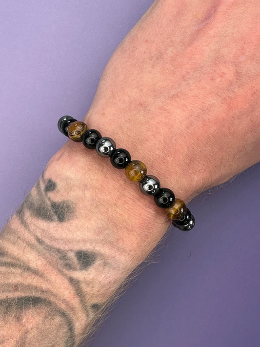 Triple protection - beaded bracelet; black obsidian, tiger's eye and hematite
