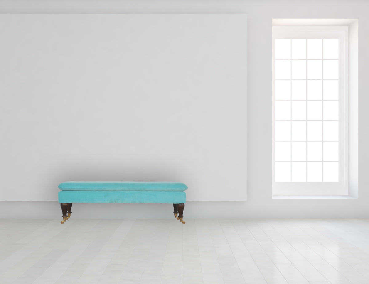 Aqua Bench With Castor Feet Handmade Cotton Velvet Upholstery