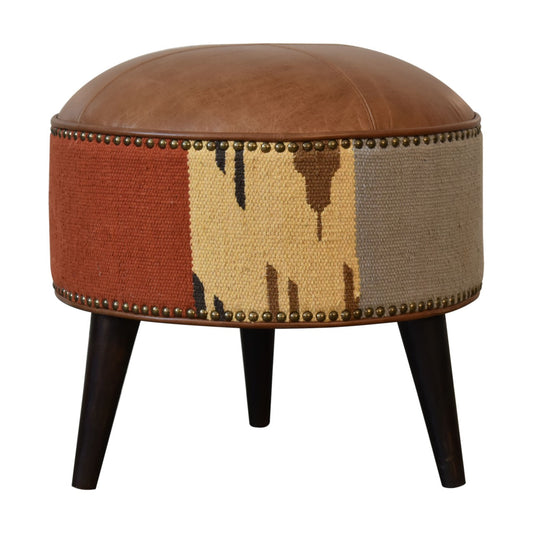 Durrie & Leather Mixed Footstool | Buffalo Leather