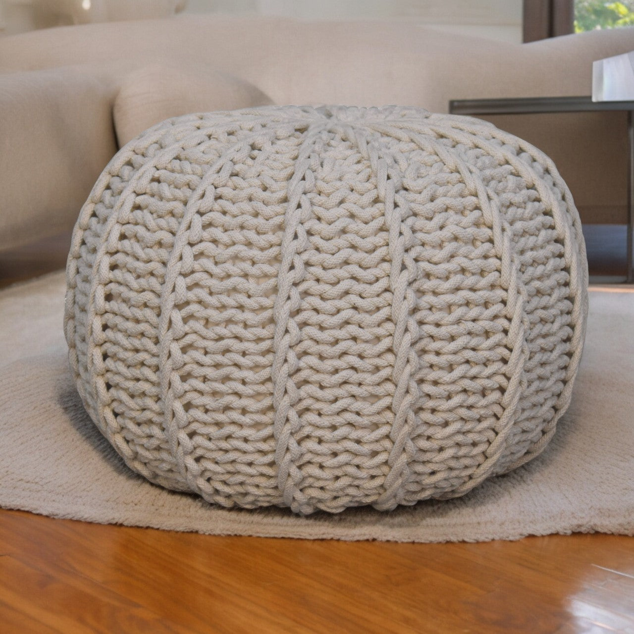 Cream Cable Pouffe Stylish Knitted Design for Home Decor