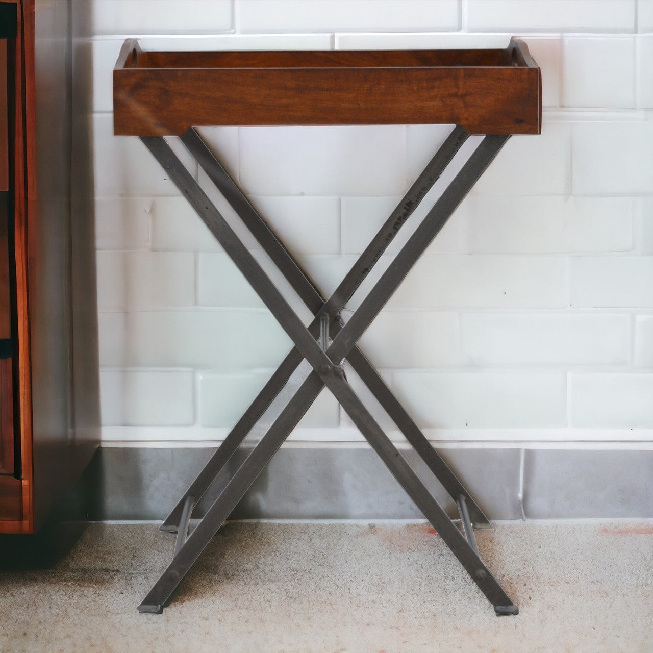 Wood Tray With Cross Iron Base