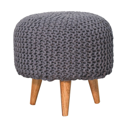 Keeva Grey Round Footstool | Oak Solid Mango Wood