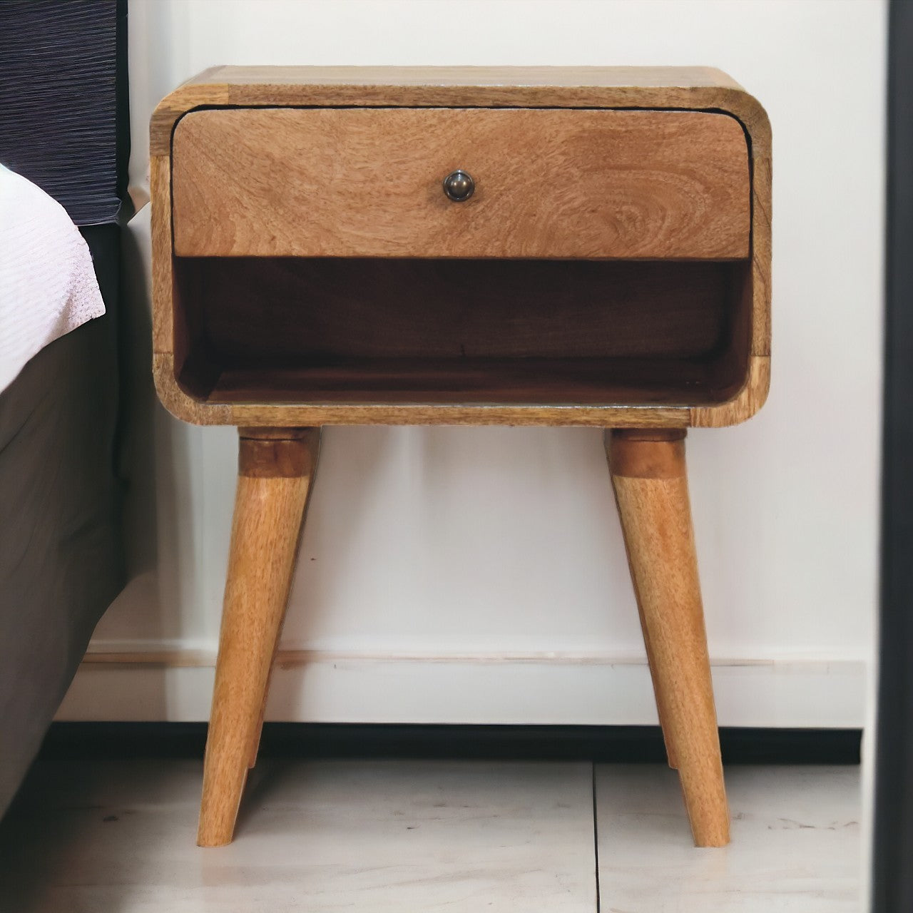 Curved Oak-ish Open Bedside
