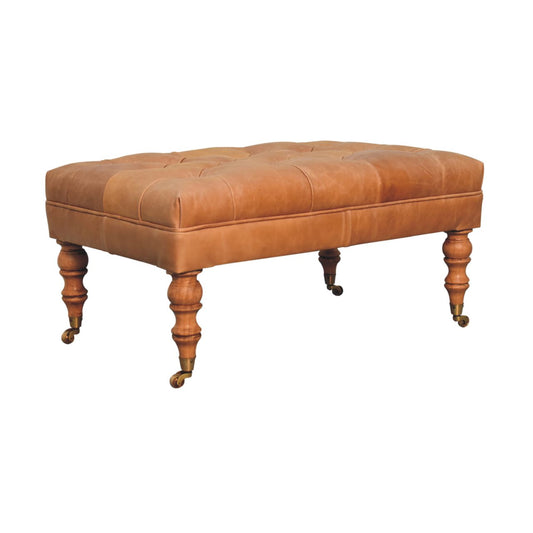 Buffalo Tan Leather Ottoman with Castor Legs Storage Bench