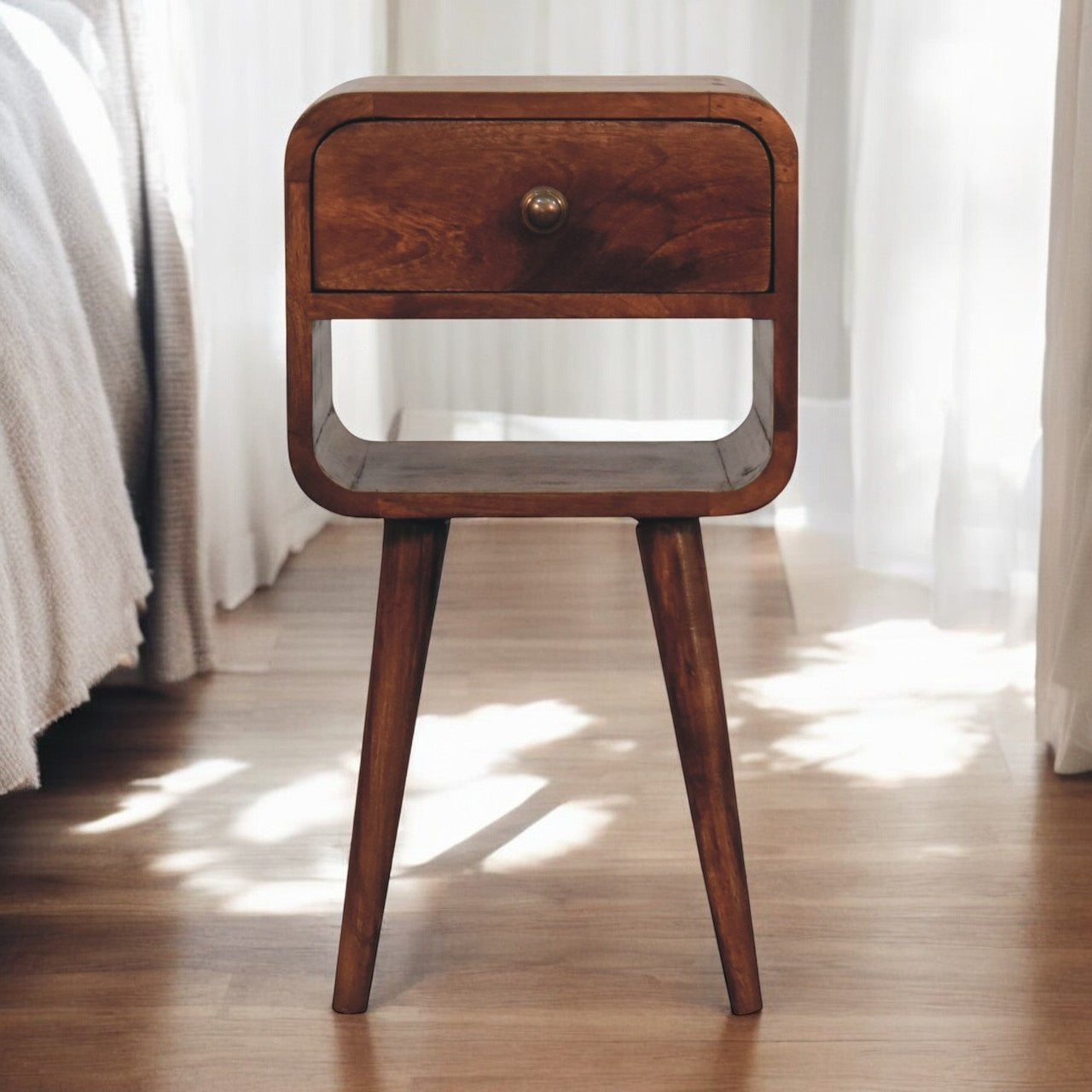 Mini Honey Caramel Curved Bedside with Lower Slot