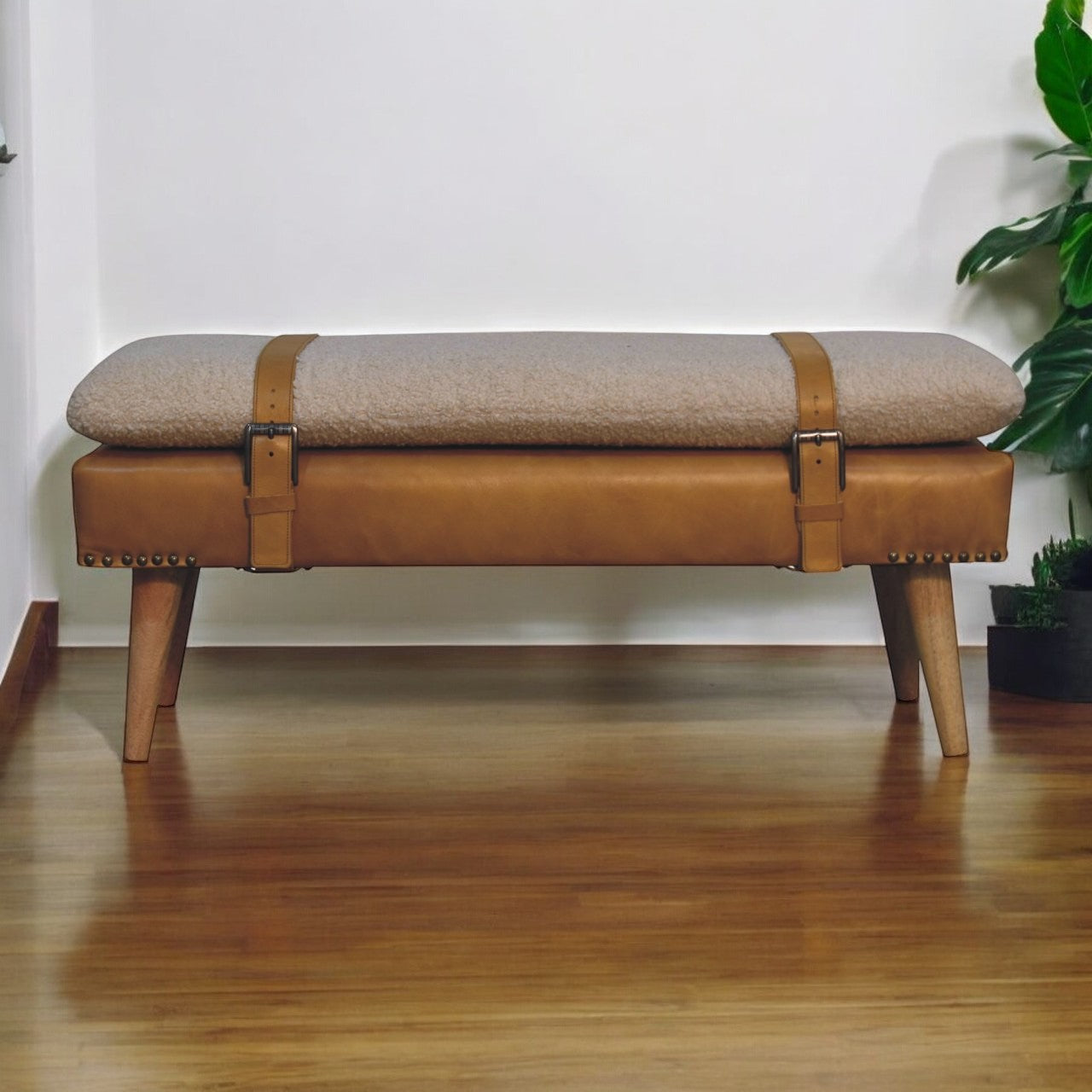 Buffalo Hide Tan Leather Bench