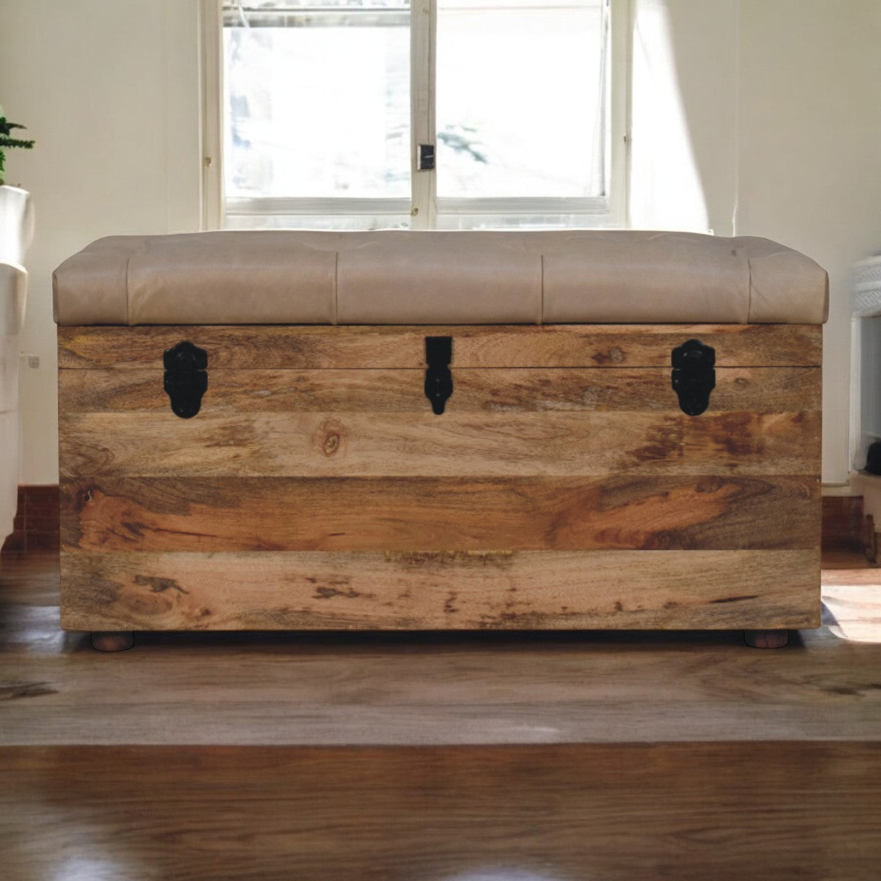 Beige Buffalo hide leather Storage Trunk Storage Bench