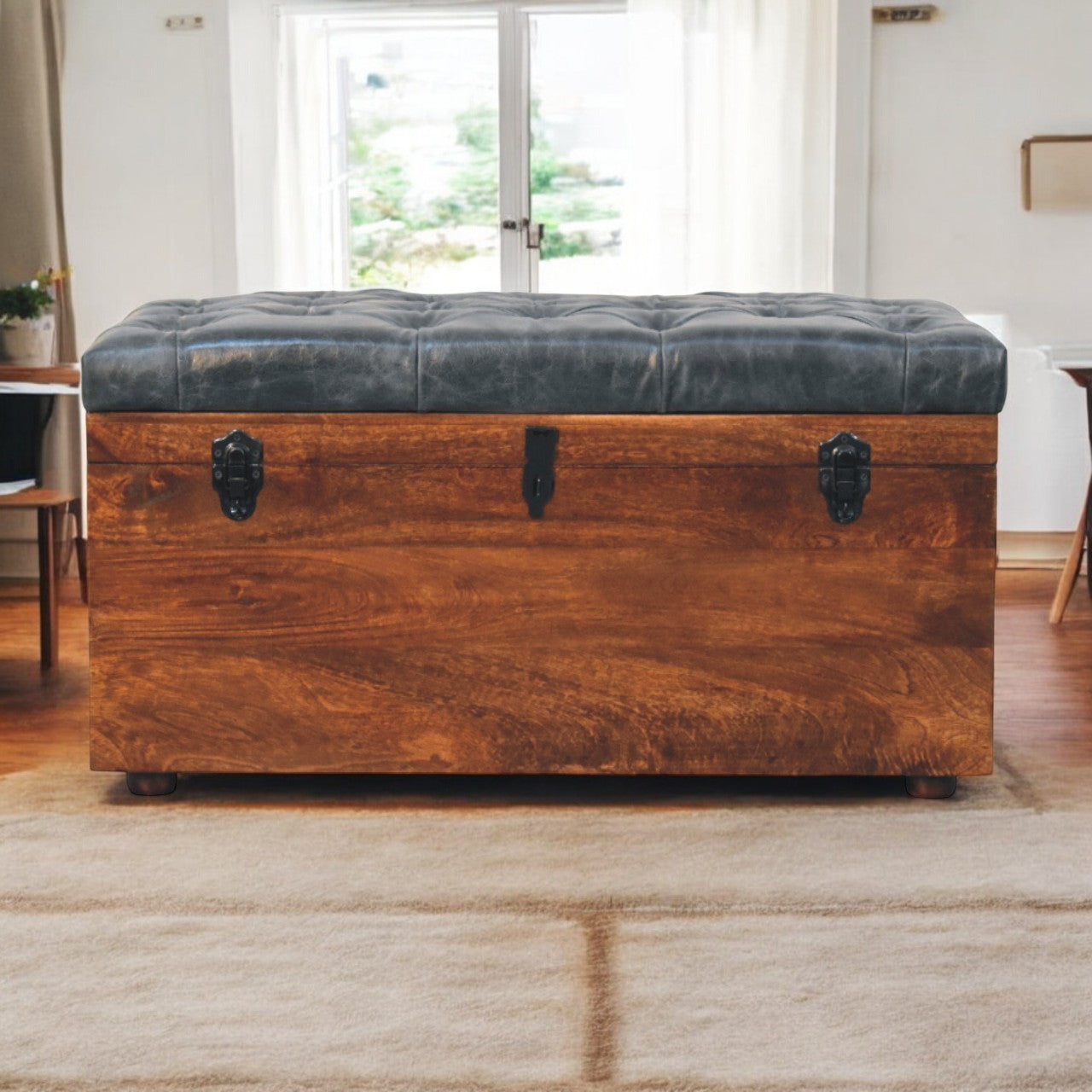 Black Buffalo hide leather Storage Trunk Storage Bench